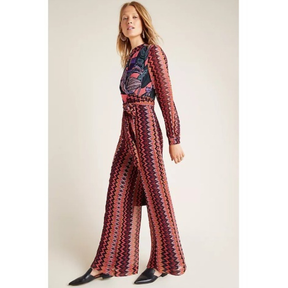 Bl^nk London Jeannie Chevron Jumpsuit Womens XS Multicolor Chiffon Belted Boho